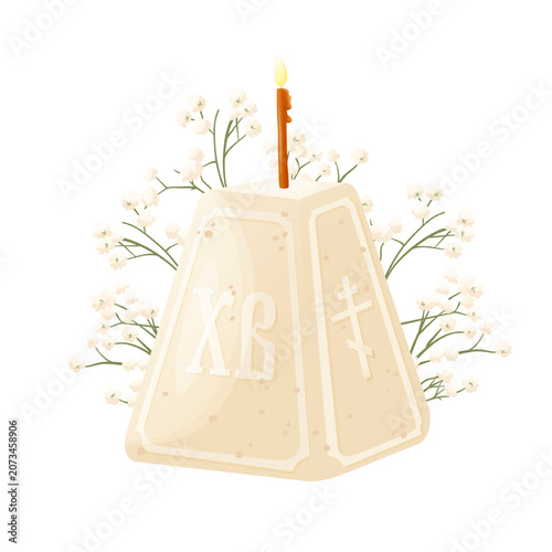 Cottage cheese Easter pyramid with candle and gypsophila flowers. Flat vector illustration in realistic style. Religious holiday composition object for greeting cards, church posters, packaging