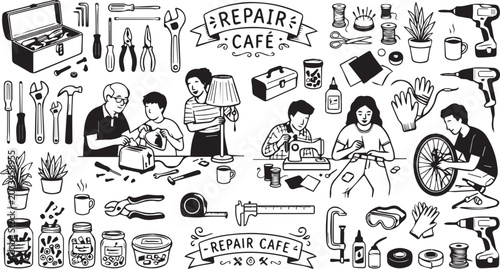 Tableau sur toile Repair cafe doodle set with people fixing broken items and various hand tools is