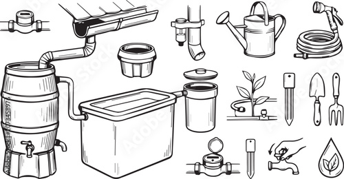 Foto Set of hand drawn rainwater harvesting system elements and garden irrigation too