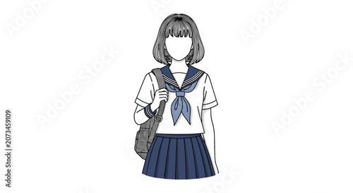 Japanese Schoolgirl in Sailor Uniform with Bag - Line Art Vector