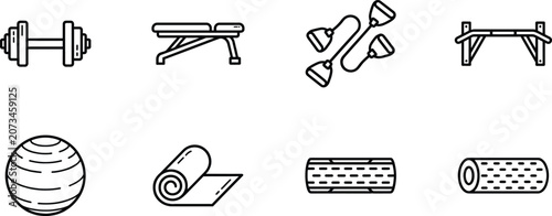 Minimalist Home Gym Icon Set, Clean Line Art Fitness Equipment Vector