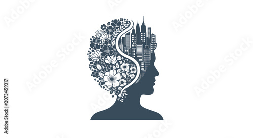 Human Head Silhouette Symbolizing Nature and Urban Life Balance