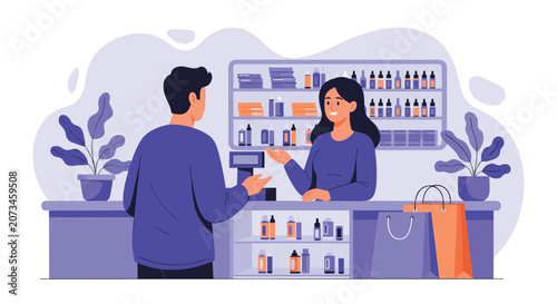 Friendly shopkeeper assisting a male customer at a retail counter with shelves of various beauty products in the background.