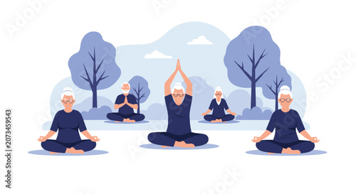 Group of senior citizens practicing yoga and meditation together in a peaceful outdoor park setting with blue stylized trees.