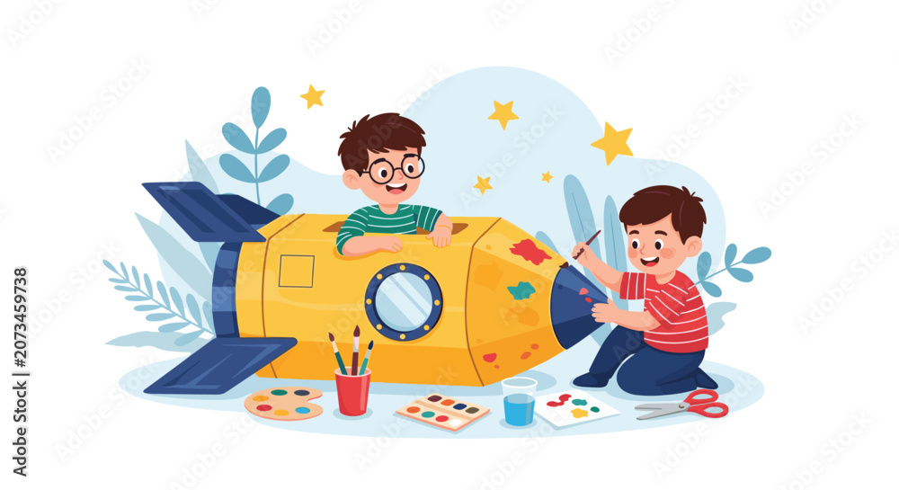 Obraz premium Two creative boys painting and decorating a yellow cardboard rocket ship toy in a room filled with stars and plants.