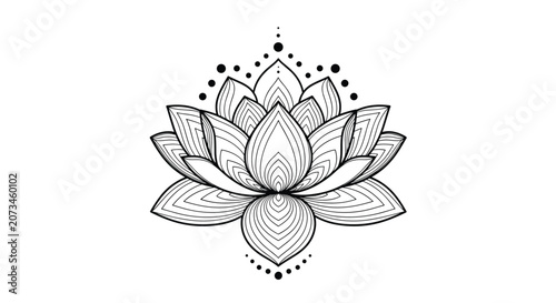 Detailed mandala design of a sacred lotus flower in black line art style, isolated on a clean white background.