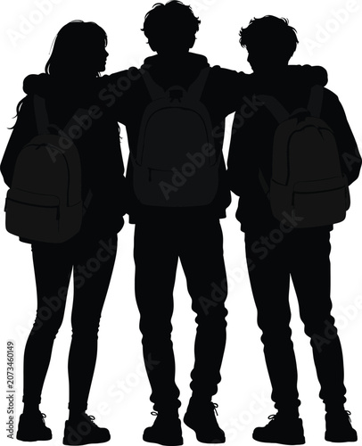 Three students with backpacks silhouette friendship and education concept