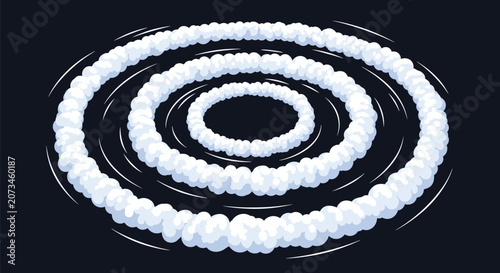 Concentric circular smoke clouds or white water ripples on a dark, mysterious background, cartoon vector design.