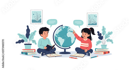 Two children sitting on the floor studying geography together with a world globe and many books to learn about the planet.