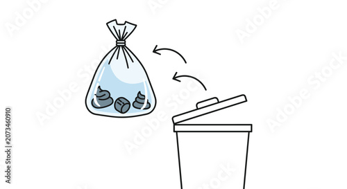 Public safety illustration showing a plastic bag of dog poop being thrown into a trash can with arrows.