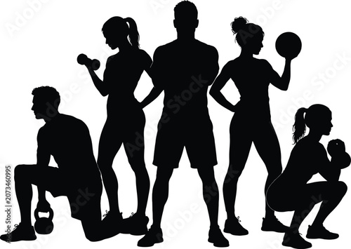 Fitness group silhouette people exercising with dumbbells and ball