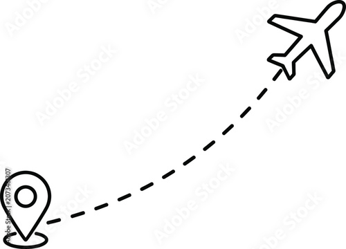 Air travel route map icon with location pin and airplane