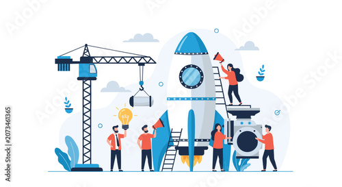 Team of diverse professionals working together to build and launch a space rocket representing a business startup and innovation.