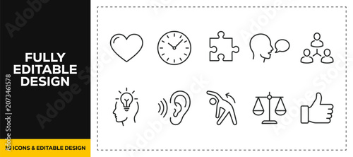 flat vector illustration line art icon bundle set design featuring senses perception heart clock puzzle scales balance human emotion psychology mindfulness for healthcare app ui art