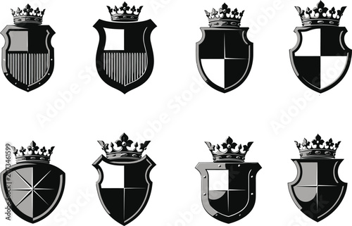 Eight heraldic shields with royal crowns black and white vector illustration