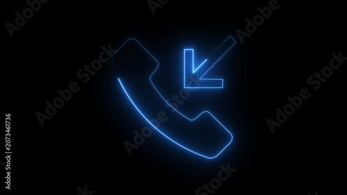 Pink and green neon incoming call icon with arrow pointing down on black background.