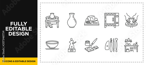 flat vector illustration line art icon bundle set design representing art studio painting sculpture pottery brush palette creative crafting exhibition for artistic graphic project