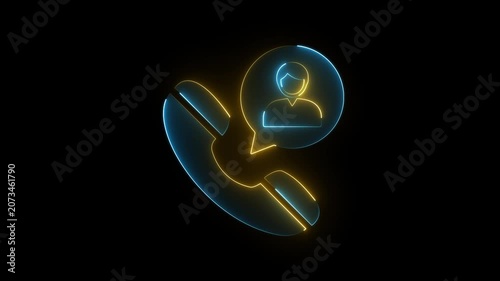 Blue and yellow neon phone call icon with user person avatar speech bubble on black background.