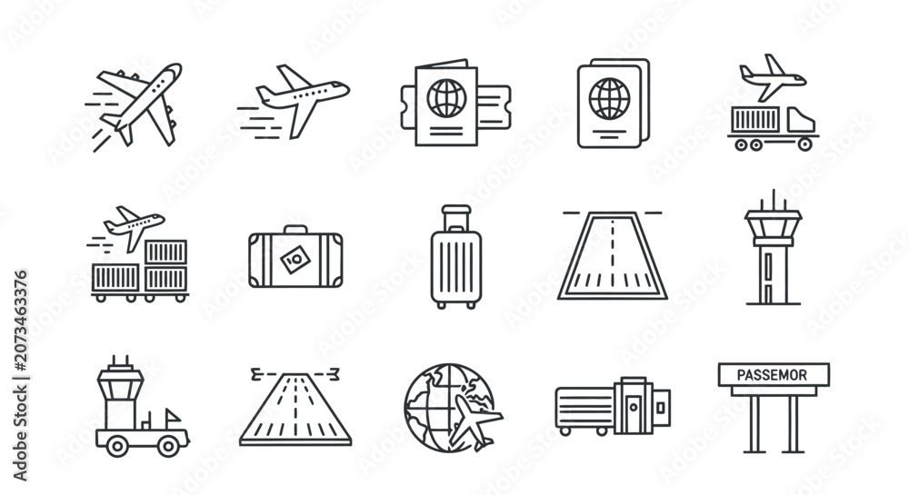 Fototapeta premium Comprehensive Set of Aviation and Global Travel Line Icons Including Aircraft, Passport, Luggage, and Airport Control Tower on Isolated White Background