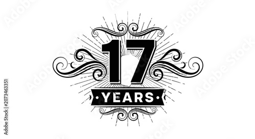 Vintage 17 Years Anniversary Emblem with Decorative Starburst and Flourish Elements on Isolated White Background