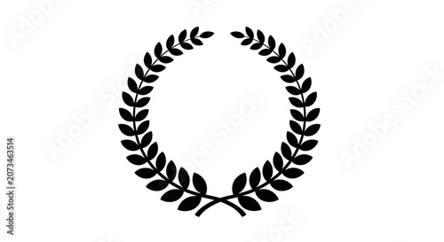 A simple, elegant black silhouette of a laurel wreath, symbolizing victory, achievement, and honor, set against a clean white background.
