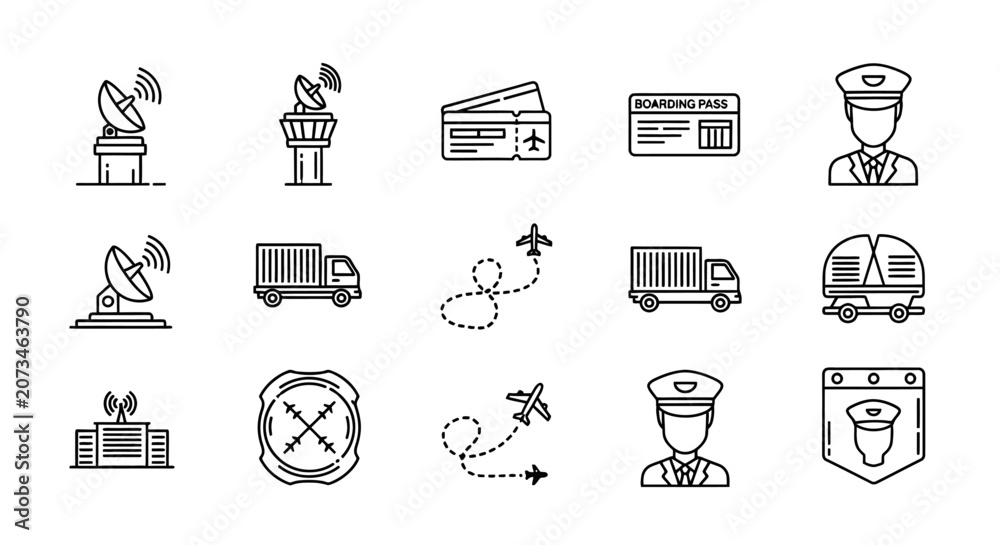 Fototapeta premium Collection of vector icons representing various aspects of air travel, logistics, and transportation services.