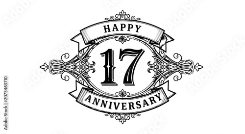 Tableau sur toile Happy 17th Anniversary Decorative Badge on Isolated White Background, Elegant Se
