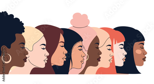 Profile view of several diverse women with different hair styles and skin tones representing multiculturalism and unity.