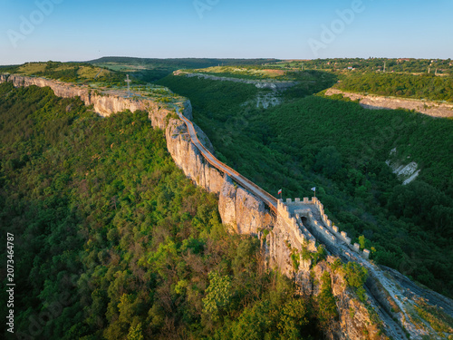 Konstfotografi Aerial view of medieval Ovech fortress and steep cliffs, Bulgaria