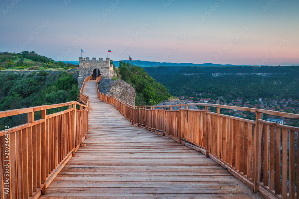 Fototapeta premium Wooden bridge leading to the medieval Ovech fortress in Provadia, Bulgaria