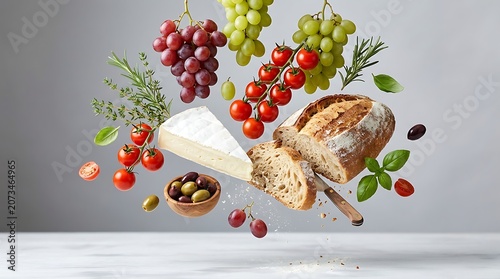 Floating composition of fresh bread, brie cheese, grapes, tomatoes, and herbs