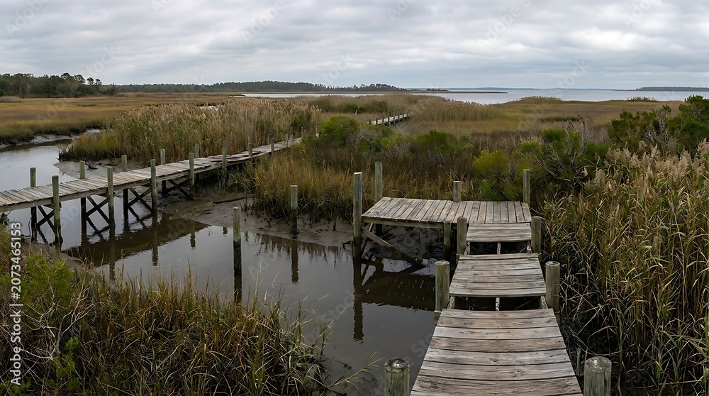 Fototapeta premium An expansive panoramic view of overgrown coastal docks extending into the calm marshland waters under a cloudy sky at a quiet nature preserve landscape.