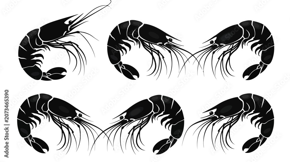 Fototapeta premium Black shrimp silhouette vector set, collection of 6 prawn icons for seafood restaurant branding, minimalist crustacean illustrations on white background