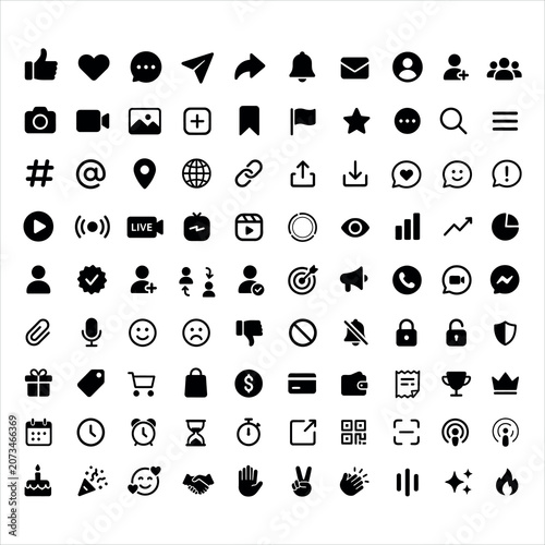 Icon Set of Social Media, Communication, Commerce, and Media Symbols for Digital Interface Design Featuring Icons, Iconset