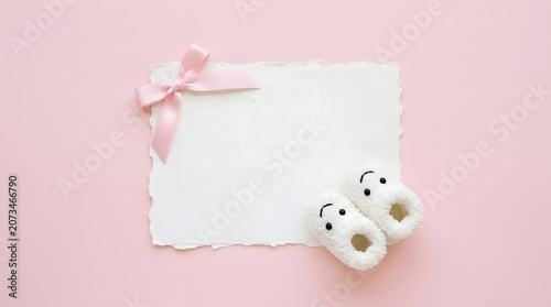 Adorable baby shower card with cute knitted shoes and pink ribbon. Welcome Baby Background.