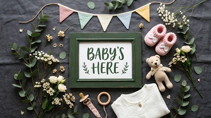 Newborn announcement flat lay with baby booties and teddy bear