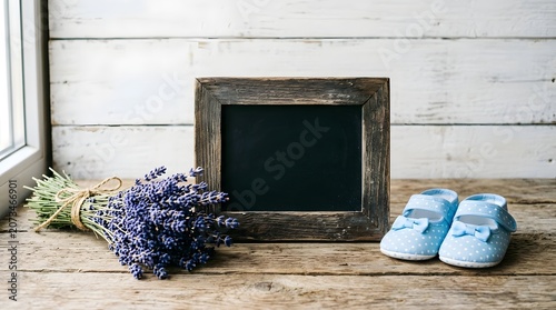 Baby boy announcement with lavender and chalkboard