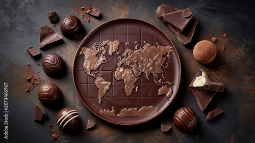 Chocolate world map with assorted chocolates