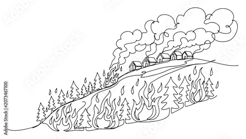 Принти на полотні Wildfire approaching village houses in forest during environmental disaster cont