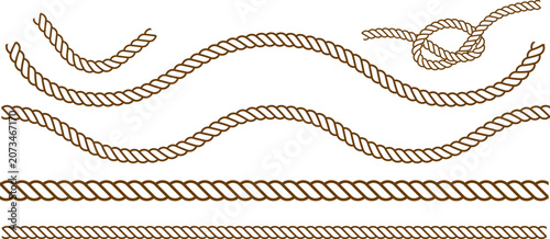 Brown rope divider set twisted cord wavy lines knot decorative border vector illustration elements