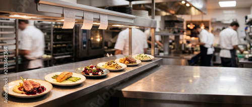 Restaurant kitchen pass with chefs preparing plated dishes for fine dining service and busy hospitality team