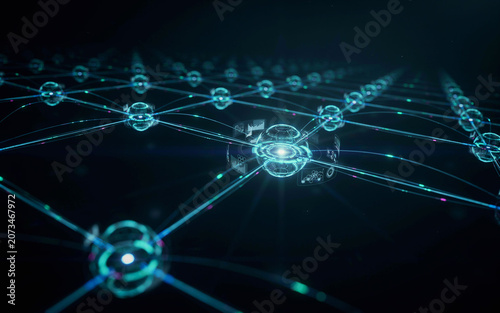 Abstract digital network connection grid with glowing nodes and interconnected lines representing global data communication