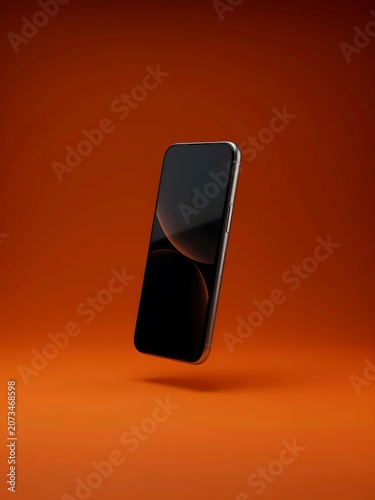 An smartphone with blank screen on orange background. 3d illustration