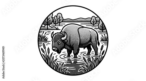 Quadro em tela Large bison standing in water landscape.