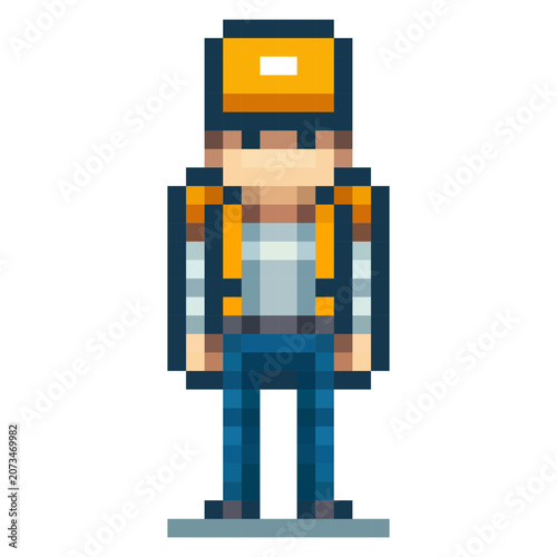 A pixel art character is standing upright with a backpack and a hat. The character has a simple design with clear features. This scene appears to be set in a digital world