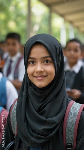 Portrait of smiling muslim teen student at school.