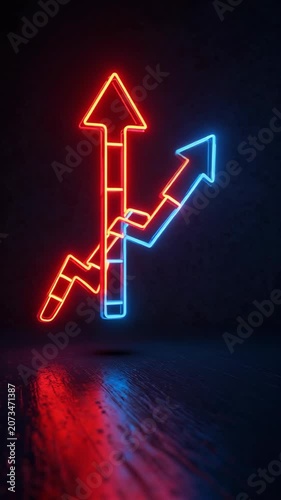 neon business graph on black background. Successful, growth, Increased and trend neon line graph. Market Recovery Concept. Successful growth trend graph going down arrow..