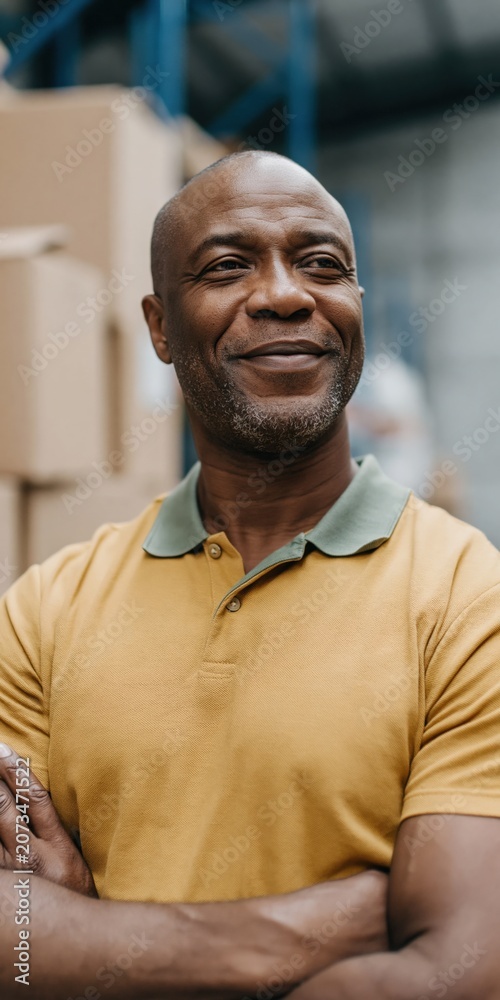 Fototapeta premium Man standing with arms crossed in warehouse environment