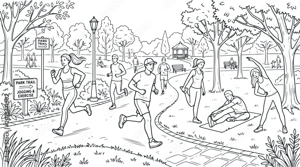 Obraz premium People exercising and jogging in a park with trees and signs