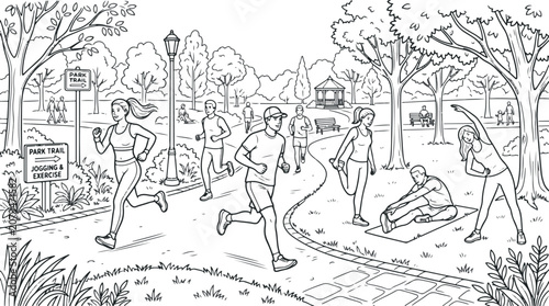People exercising and jogging in a park with trees and signs